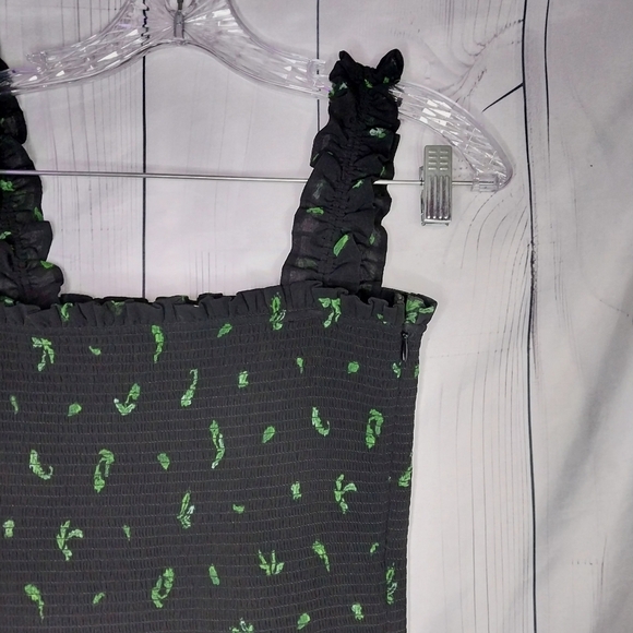 Aritzia Wilfred Luella smocked mini dress in a black with green leaf print - Picture 3 of 10